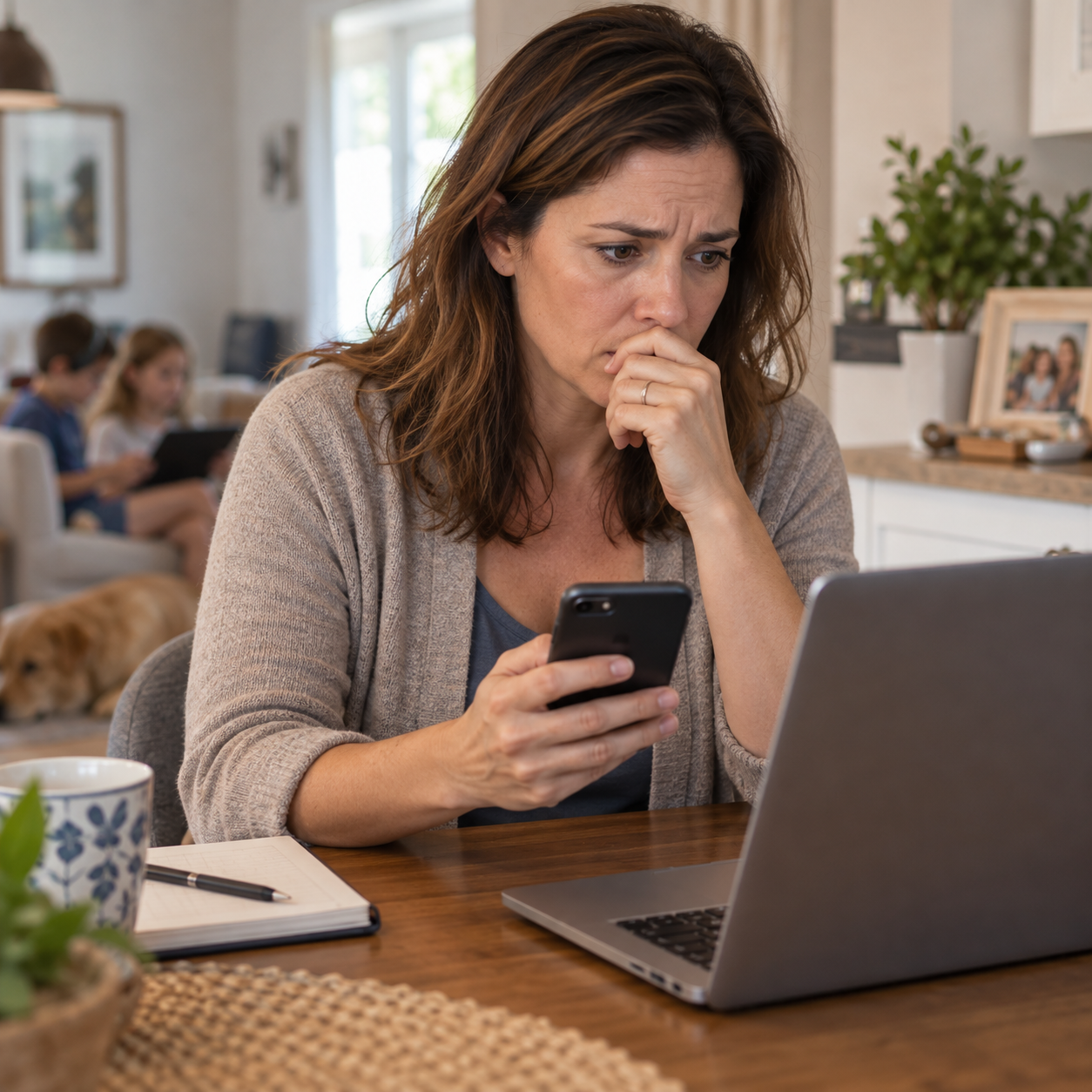 AI vs I AM book: Concerned mother looking at her phone beside a laptop while her family sits in the background